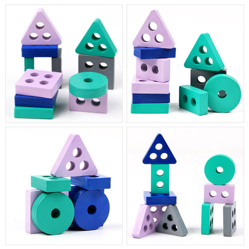 4 Set Wooden Geometric Sorting Blocks Montessori Kids Educational Toys Building