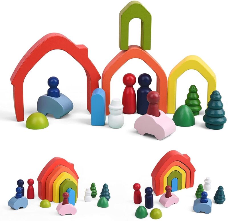 Wooden Rainbow House Stacking Blocks