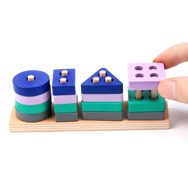 4 Set Wooden Geometric Sorting Blocks Montessori Kids Educational Toys Building